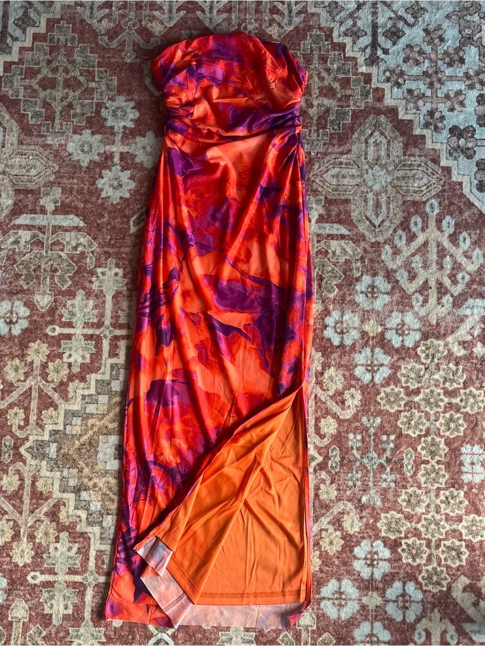 SHEIN Orange and Purple Asymmetrical Strapless Maxi Dress